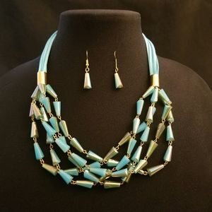 Ella Cone Glass Beaded Multi Layered Necklace Set Chic Faux Leather Detail